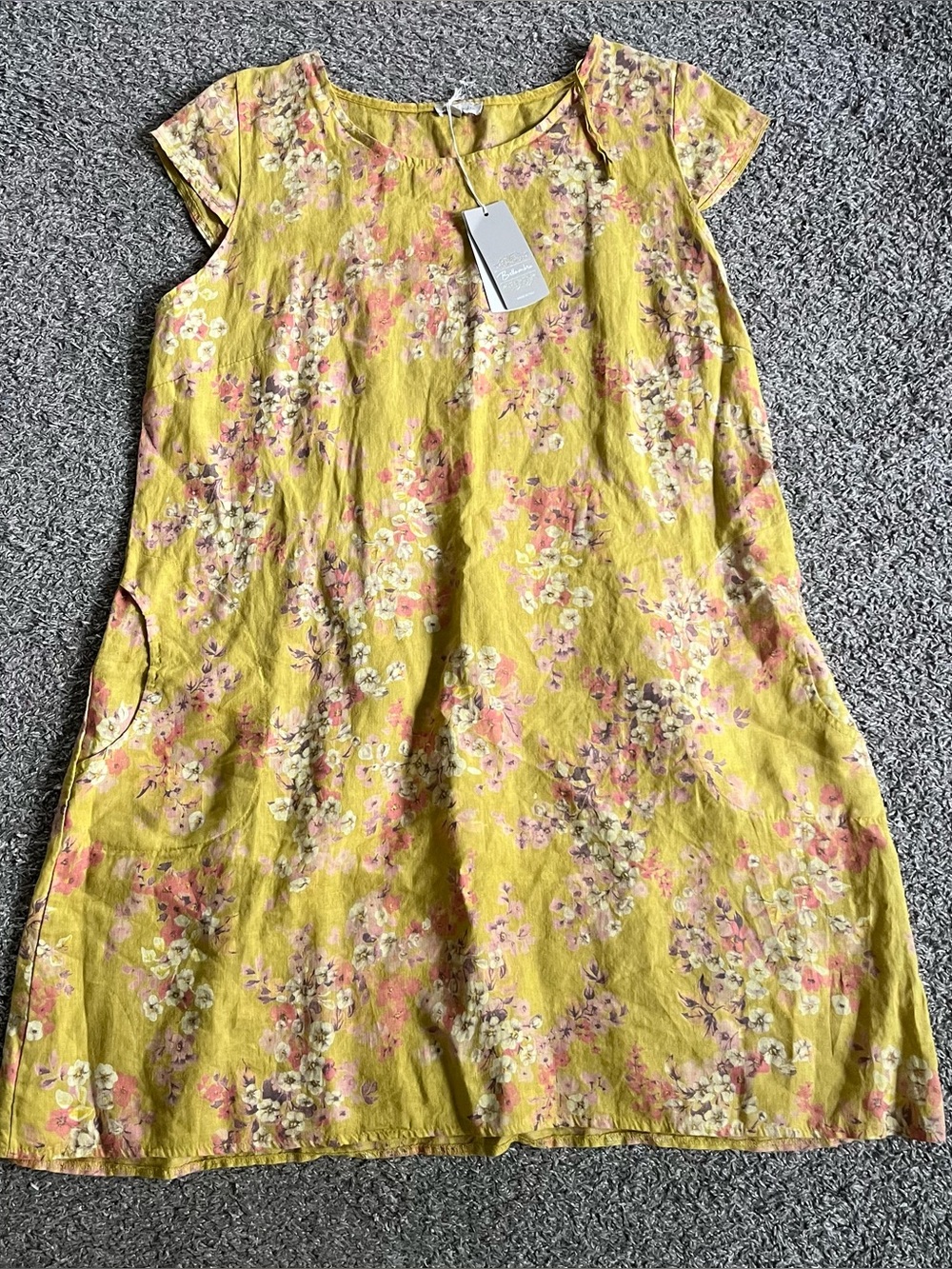 Yellow Floral 100% Linen Sleeveless Dress Plus Size 1X Bellambra Italy Pockets